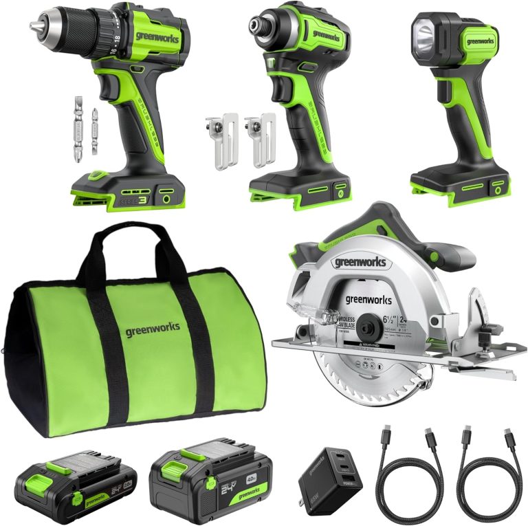 GREENWORKS 24V (4-TOOL) Combo (1/2” Drill + 1/4” Impact Driver + 6.5” Circular Saw + 200Lm Flashlight), 4.0Ah + 2.0Ah Batteries (24,000mAh Power Bank), (2) Braided Cables, 65W Rapid Charger 1 81BV1Fl7EEL. AC SL1500