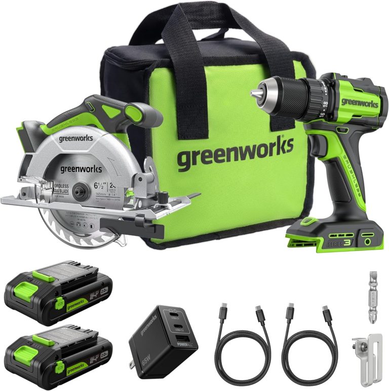 GREENWORKS 24V 1/2” Brushless Cordless Drill (400 In-lbs.) + 6.5” Circular Saw (4,800 RPM), (2) 2.0Ah (12,000mAh Power Bank) USB-C Batteries, Braided Cable, 65W Rapid Charger 1 81w8WxnLSSL. AC SL1500