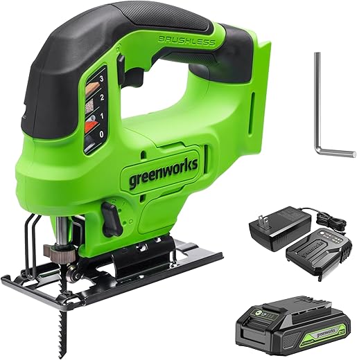 Best Jigsaws 7 Greenworks 24V Brushless Cordless 1" Jig Saw (3,000 SPM / 4 Settings/Bevel 0°-45°/ LED Light), 1.5Ah Battery and Fast Charger Included